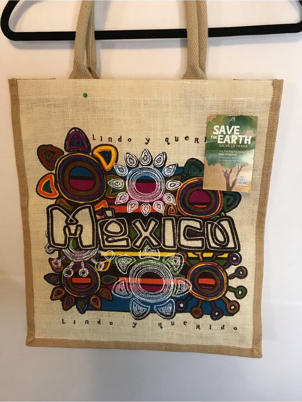 Save the Earth Mexico Colorful Jute Tote Bag - Multicolor NWT